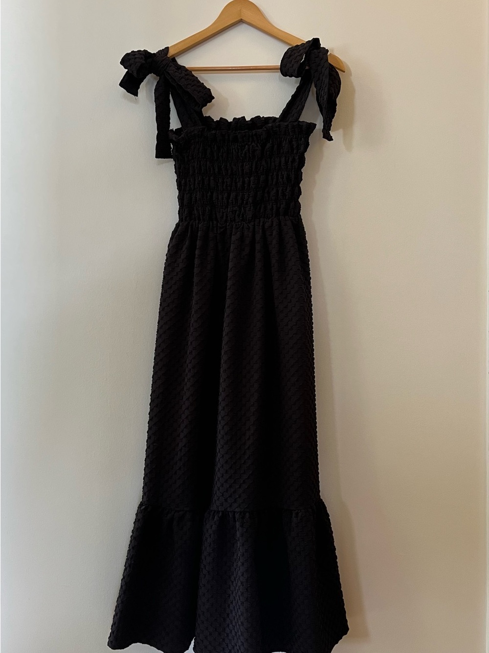 Smocked Tie-Shoulder Maxi Dress in Black